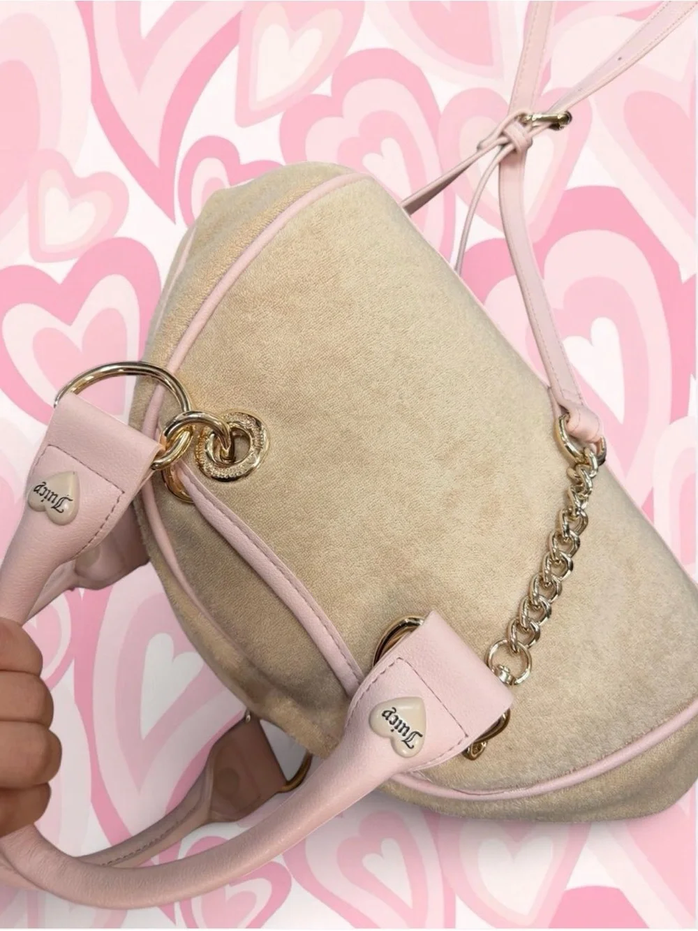Juicy Couture Beige & Pink Velour Bowler Bag